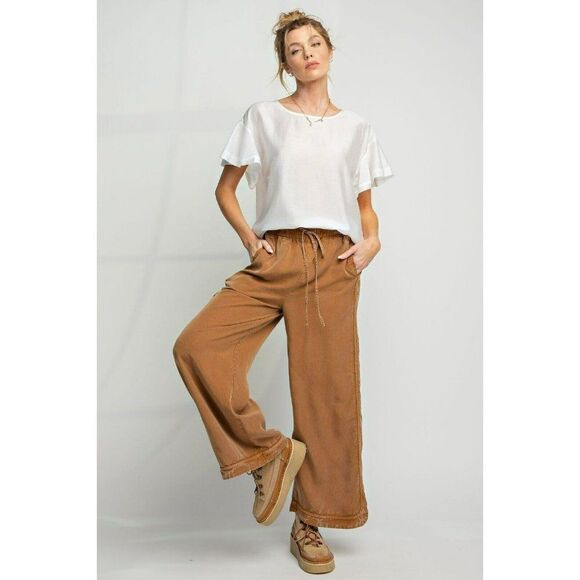 Easel Comfy + Cozy Mineral Washed Soft Twill Wide Leg Pants in Camel EB41434 - Picture 2 of 5